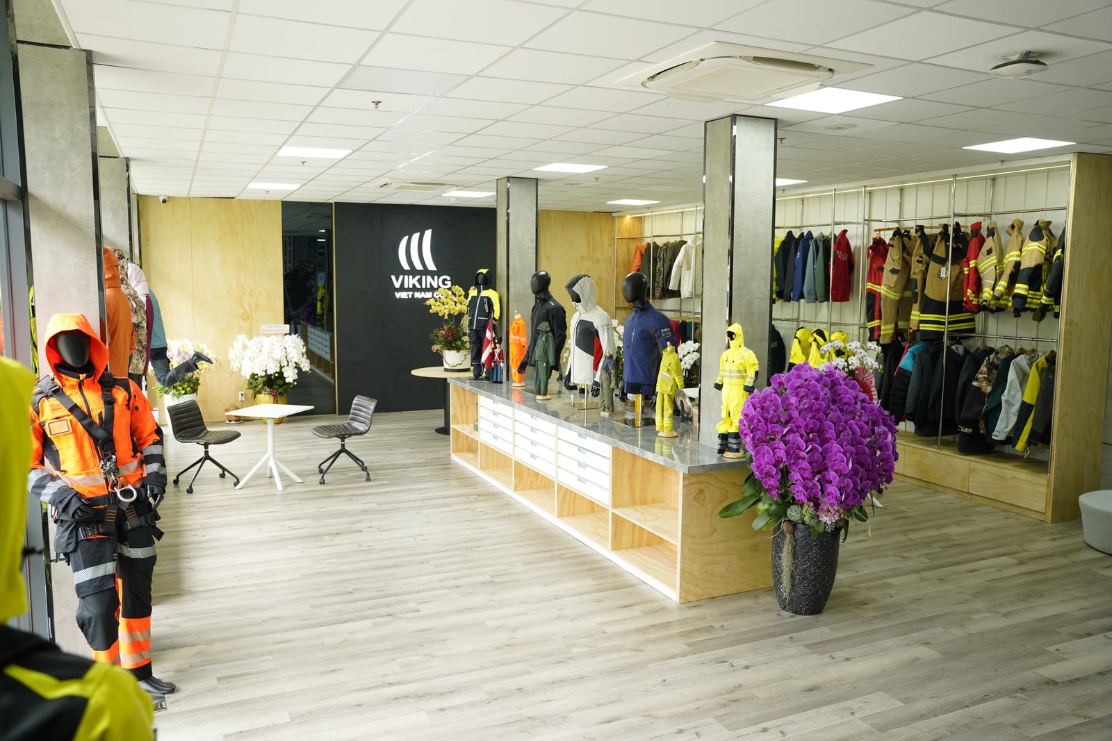 The product display area at the Viking Vietnam factory, where customers compare samples against the technical file.