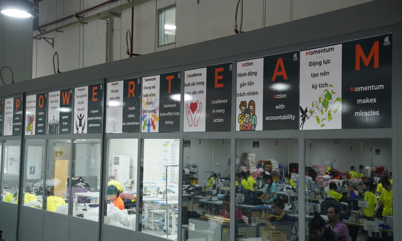 Production culture values displayed at the sewing line area of Viking Vietnam