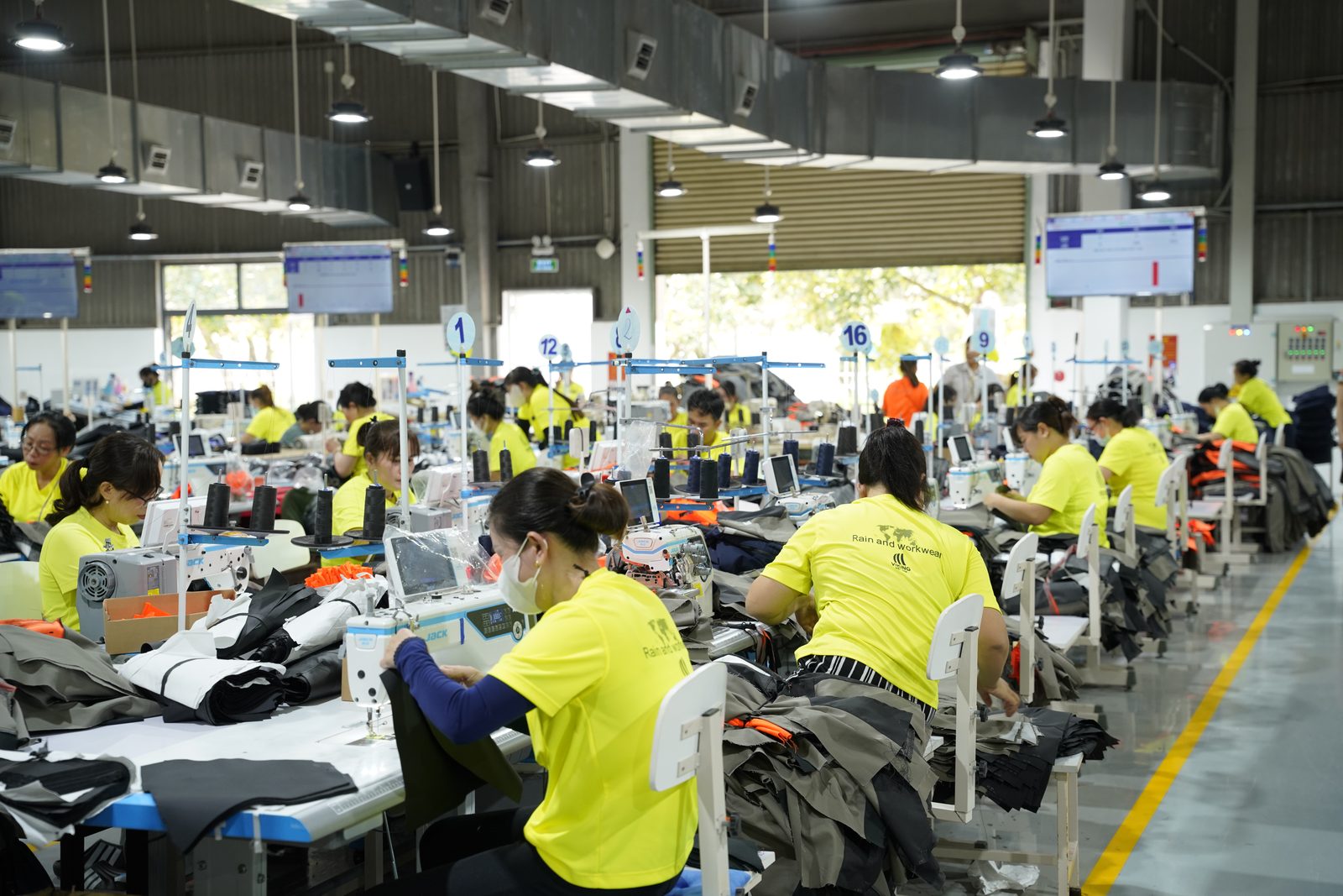 A Viking Vietnam sewing line with production data screens, the basis for checking the result after each improvement action