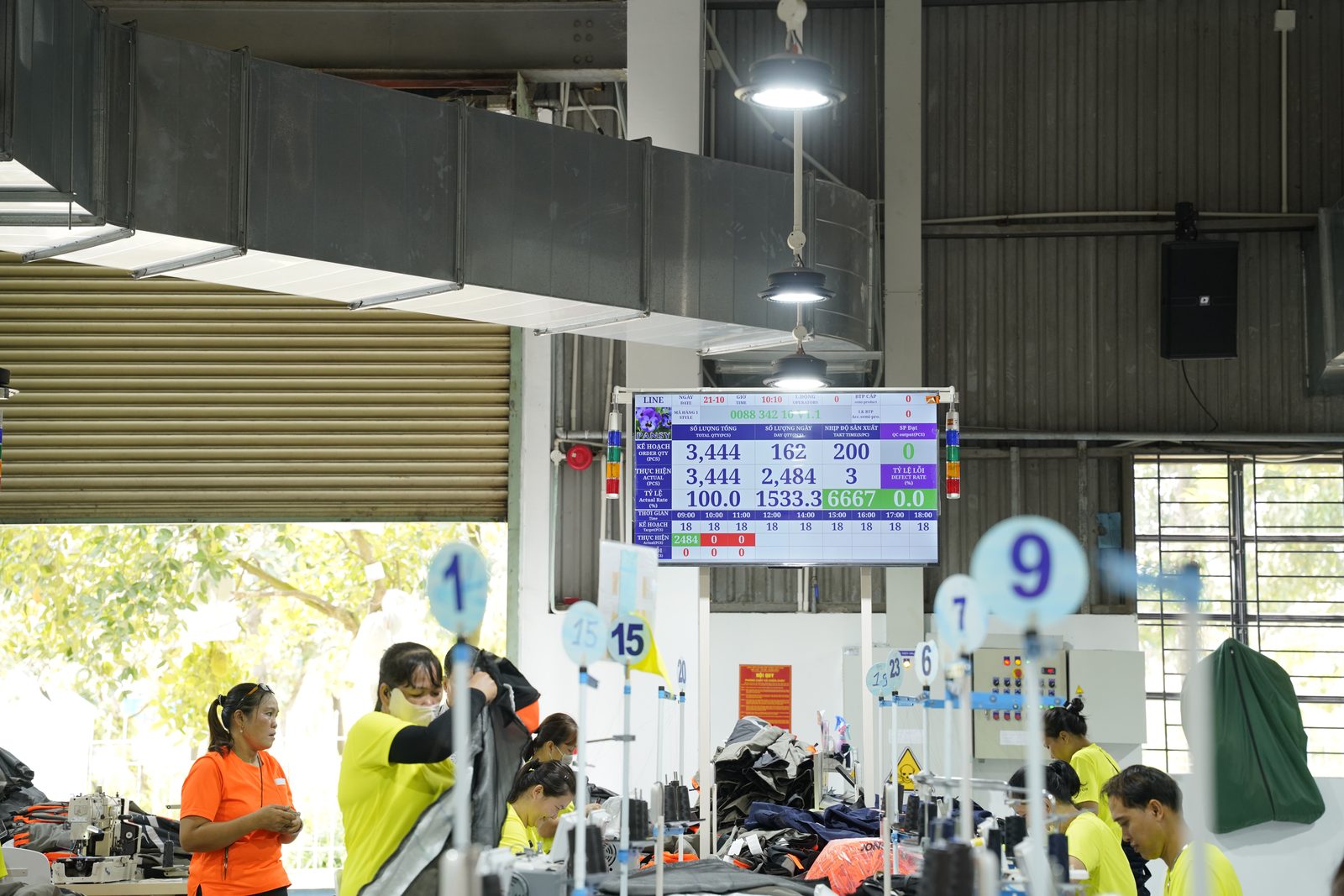 Guidance and monitoring directly at the Viking Vietnam sewing line, next to the production data board tracking output during the day