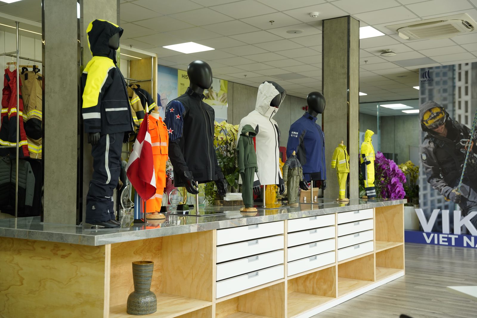 Reflective protective garments displayed at Viking Vietnam