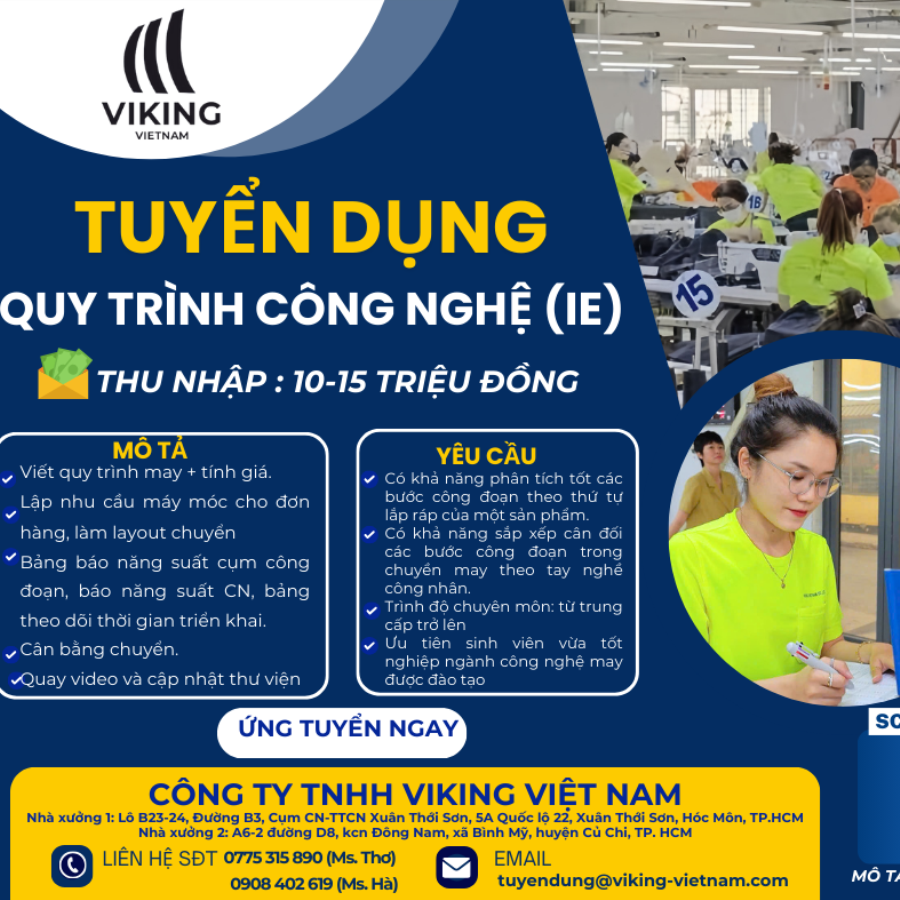 📢 TUYỂN DỤNG NHÂN VIÊN QUY TRÌNH CÔNG NGHỆ (IE) - THU NHẬP LÊN ĐẾN 15 TRIỆU 